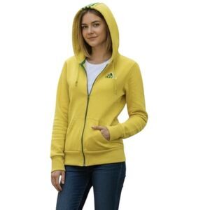 Adidas Hoodie Womens Medium Yellow Full Zip 3-Stripes Thumbholes Sweatshirt